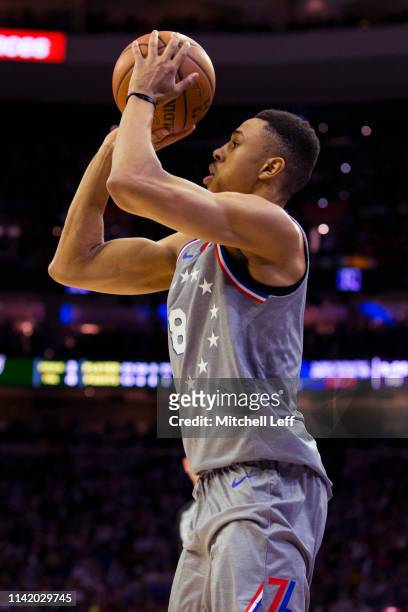 Zhaire Smith of the Philadelphia 76ers shoots the ball against the Milwaukee Bucks at the Wells Fargo Center on April 4, 2019 in Philadelphia,...