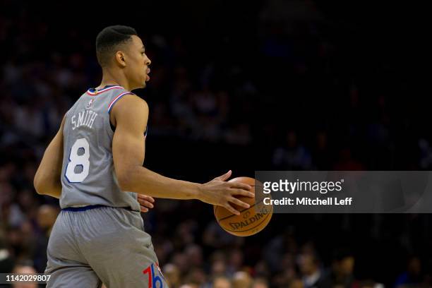 Zhaire Smith of the Philadelphia 76ers controls the ball against the Milwaukee Bucks at the Wells Fargo Center on April 4, 2019 in Philadelphia,...