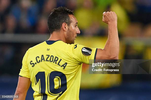 Santi Cazorla of Villarreal CF celebrates after scoring his team's first goal during the UEFA Europa League Quarter Final First Leg match between...