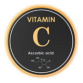 Vitamin C, ascorbic acid. Circle icon, chemical formula, molecular structure. 3D rendering