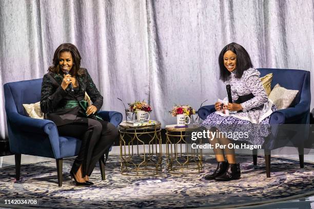 Michelle Obama and Phoebe Richardson held a conversation about Michelle Obama's book "Becoming" at Oslo Spektrum on April 11, 2019 in Oslo, Norway.