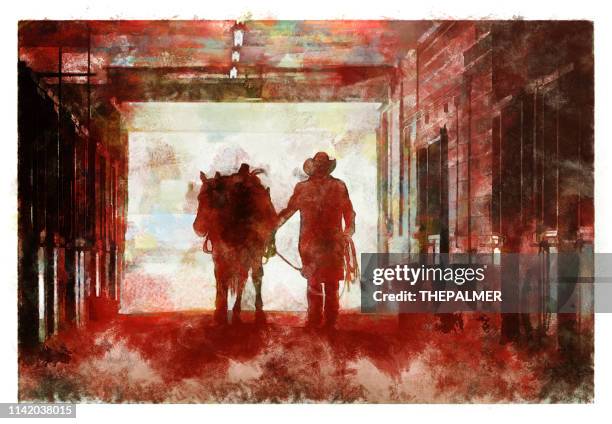 cowboy at a horse stable - digital photo manipulation - horse pictures stock illustrations