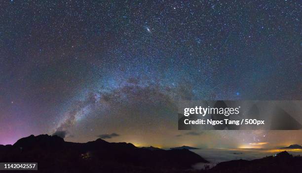 andromeda galaxy upper the arch of milkyway - pleiades stock pictures, royalty-free photos & images