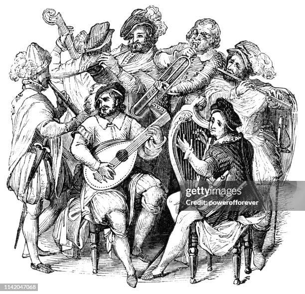 stockillustraties, clipart, cartoons en iconen met groep minstrelen performing-16e eeuw - 16th century style