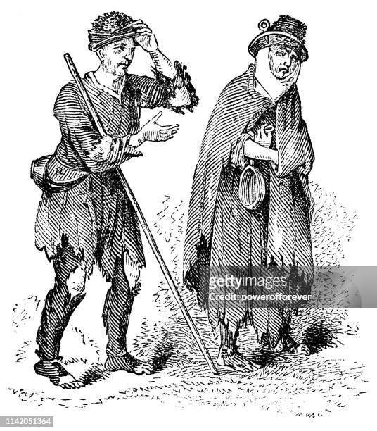 beggar/vagrant fashion of the 16th century - beggar stock illustrations