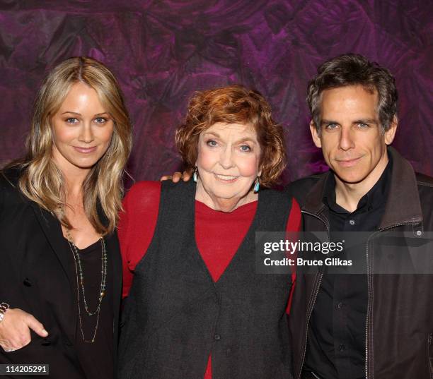 Christine Taylor, Anne Meara and son Ben Stiller pose backstage at the hit play "Love, Loss and What I Wore" Off-Broadway at The Westside Theater on...