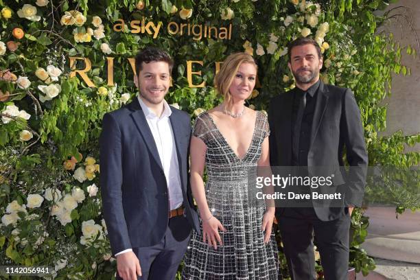 Dimitri Leonidas, Julia Stiles and Gregory Fitoussi attend the Premiere Screening for the new season of Sky Original "Riviera" at The Saatchi Gallery...