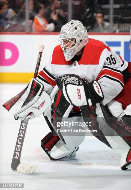 Curtis McElhinney of the Carolina Hurricanes prepares to stop a shot on goal against the Philadelphia Flyers on April 6, 2019 at the Wells Fargo...