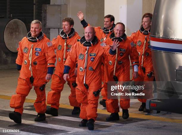 Space Shuttle Endeavour STS-134 crew Commander Mark Kelly, Pilot Greg H. Johnson, Mission Specialist Mike Fincke, Roberto Vittori, European Space...