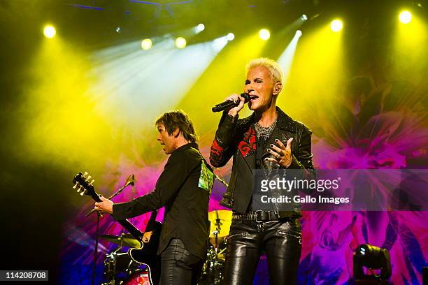 Marie Fredriksson and Per Gessle of Swedish pop music duo Roxette performs at Sun City's Superbowl on May 13, 2011 in Sun City, near Rustenburg,...