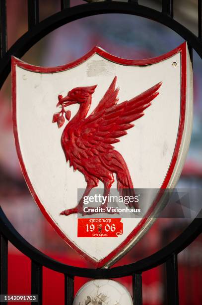 The Liver bird on the Bob Paisley gates outside Anfield before the UEFA Champions League Quarter Final first leg match between Liverpool and Porto at...