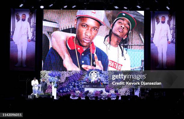 And DJ Mustard speak onstage during Nipsey Hussle's Celebration of Life at STAPLES Center on April 11, 2019 in Los Angeles, California. Nipsey Hussle...