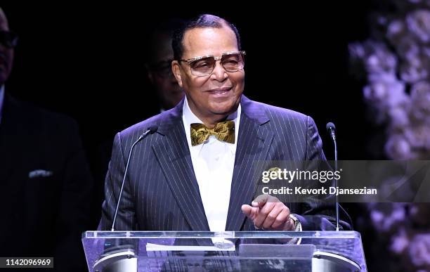 Honorable Minister Louis Farrakhan, National Representative of The Honorable Elijah Muhammad and The Nation of Islam, speaks onstage during Nipsey...