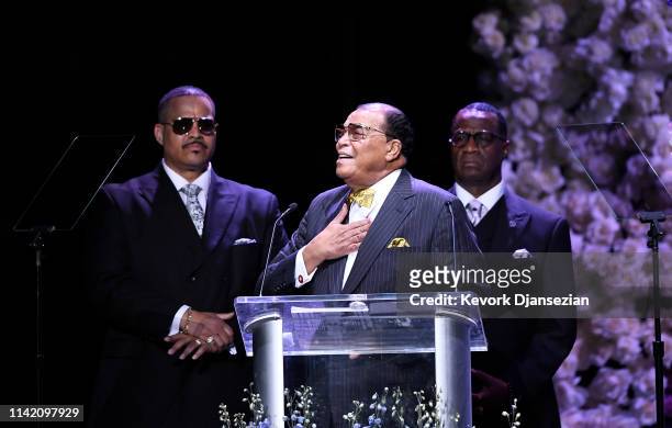 Honorable Minister Louis Farrakhan, National Representative of The Honorable Elijah Muhammad and The Nation of Islam, speaks onstage during Nipsey...