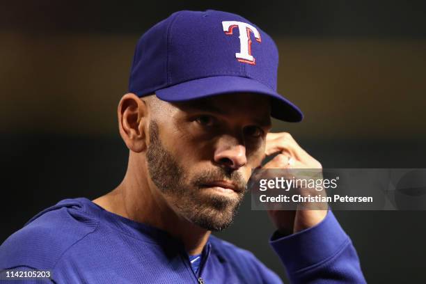Manager Chris Woodward of the Texas Rangers during the MLB game at Chase Field on April 10, 2019 in Phoenix, Arizona. The Rangers defeated the...