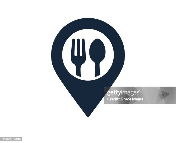 map location and direction icon symbol with dining utensils - dining stock illustrations