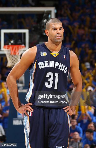 Shane Battier of the Memphis Grizzlies stands on the court during a game against the Oklahoma City Thunder in Game Seven of the Western Conference...