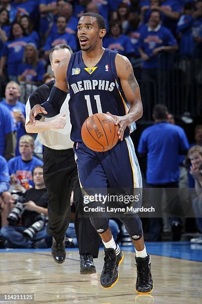 Mike Conley of the Memphis Grizzlies handles the ball in Game Seven of the Western Conference Semifinals against the Oklahoma City Thunder during the...