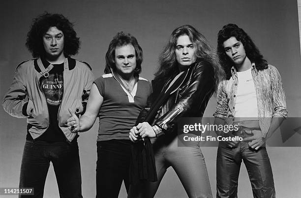 Van Halen pose in a London photographic studio in May 1978. Left to Right: Alex Van Halen, Michael Anthony, David Lee Roth, Eddie Van Halen.