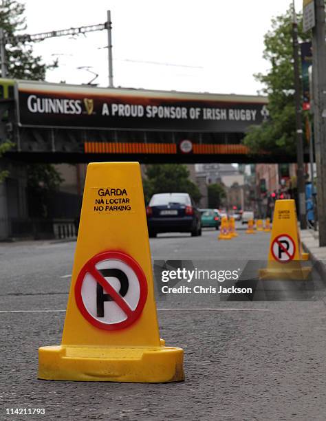 Garda traffic cones prevent parking in central Dublin in advance of the Queen and Duke of Edinburgh's visit on May 16, 2011 in Dublin, Ireland....