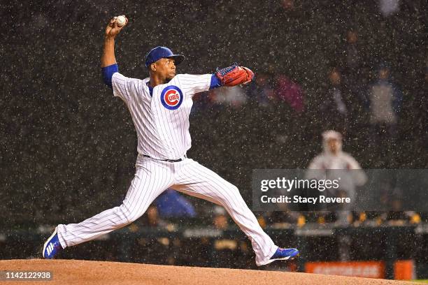 Pedro Strop of the Chicago Cubs throws a pitch during the ninth inning against the Pittsburgh Pirates at Wrigley Field on April 11, 2019 in Chicago,...