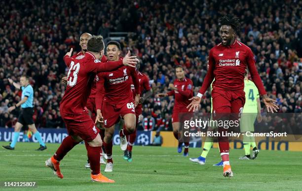 Liverpool's Divock Origi celebrates scoring his side's fourth goal during the UEFA Champions League Semi Final second leg match between Liverpool and...