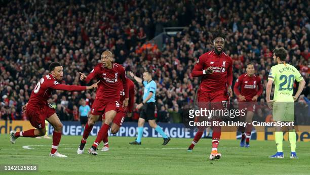 Liverpool's Divock Origi celebrates scoring his side's fourth goal during the UEFA Champions League Semi Final second leg match between Liverpool and...