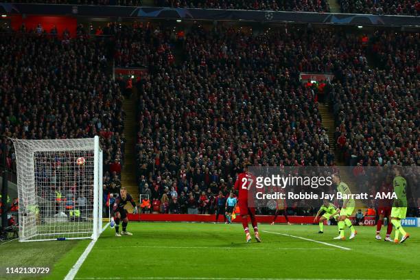 Georginio Wijnaldum of Liverpool scores a goal to make it 3-0 during the UEFA Champions League Semi Final second leg match between Liverpool and...
