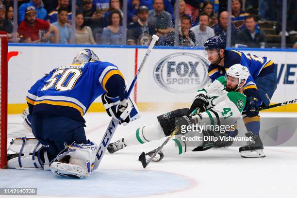 Alexander Radulov of the Dallas Stars takes a shot on goal against Vince Dunn and Jordan Binnington of the St. Louis Blues in Game Seven of the...