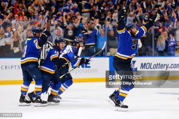 Pat Maroon of the St. Louis Blues celebrates after scoring the game-winning goal in double overtime in Game Seven of the Western Conference Second...