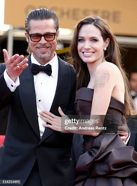 Angelina Jolie and Brad Pitt attend "The Tree Of Life" premiere during the 64th Annual Cannes Film Festival at Palais des Festivals on May 16, 2011...