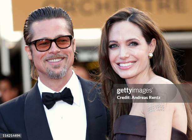 Angelina Jolie and Brad Pitt attend "The Tree Of Life" premiere during the 64th Annual Cannes Film Festival at Palais des Festivals on May 16, 2011...