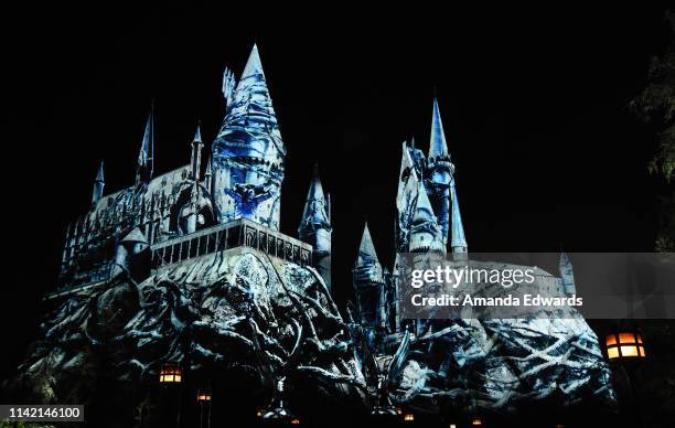 General view of atmosphere at the Universal Studios Hollywood media preview for The Dark Arts at Hogwarts Castle light projection show at Universal...