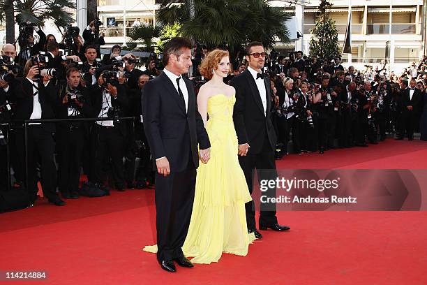 Actors Sean Penn, Jessica Chastain and Brad Pitt attend "The Tree Of Life" premiere during the 64th Annual Cannes Film Festival at Palais des...