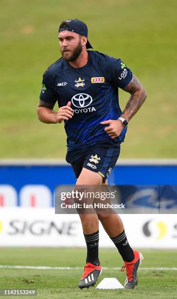 Kyle Feldt of the Cowboys does a training drill during the round five NRL match between the North Queensland Cowboys and the Melbourne Storm at...