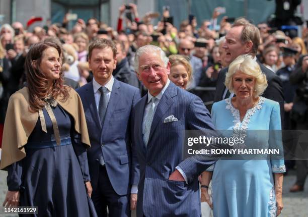 Britain's Prince Charles, Prince of Wales and his wife Britain's Camilla, Duchess of Cornwall are welcomed by Saxony's Prime Minister Michael...