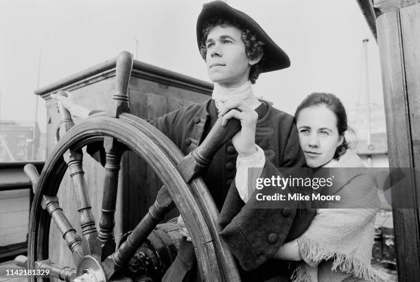 English actor Adam Godley dressed in character as 'John Trenchard' with actress Victoria Blake as 'Grace Maskew' from the television series...