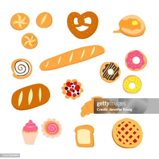 reihe von bäckerei-illustrationen - convenience food stock-grafiken, -clipart, -cartoons und -symbole