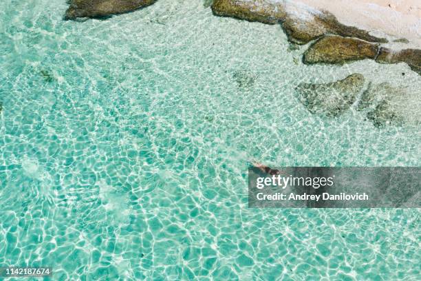 bali, woman floating in transparent turquoise sea. aerial drone shot. - bali beach stock pictures, royalty-free photos & images