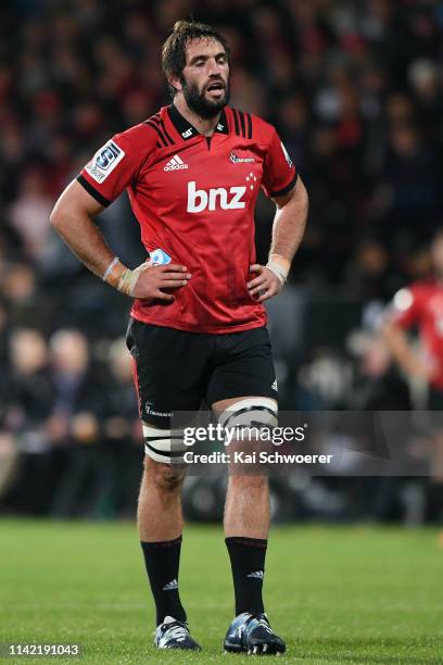 Samuel Whitelock of the Crusaders reacts during the round 9 Super Rugby match between the Crusaders and Highlanders at Christchurch Stadium on April...