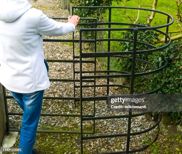 woman standing on farm gate - the irish open day one stock pictures, royalty-free photos & images