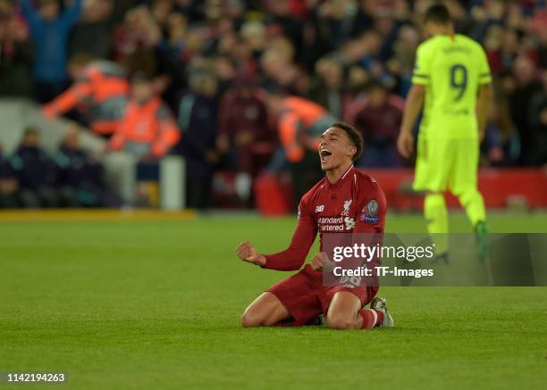 Trent Alexander-Arnold of FC Liverpool celebrates after the UEFA Champions League Semi Final second leg match between Liverpool and Barcelona at...