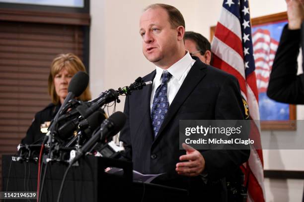 Colorado governor Jared Polis speaks to the media regarding the shooting at STEM School Highlands Ranch during a press conference at the Douglas...