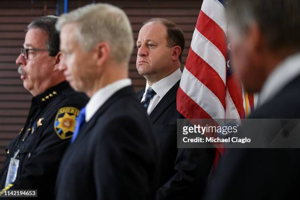 Colorado governor Jared Polis , listens during a press conference regarding the shooting at STEM School Highlands Ranch on May 8, 2019 in Highlands...