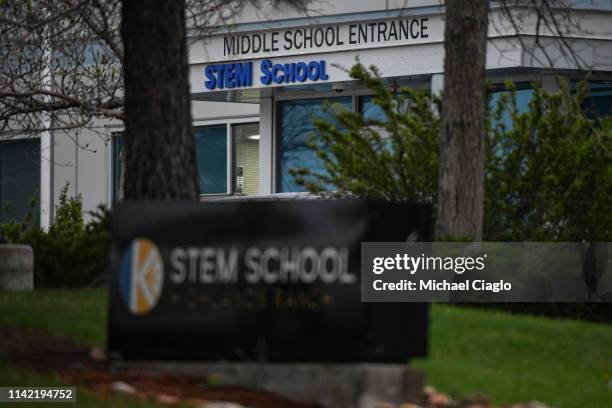 The entrance to the STEM School Highlands Ranch on May 8, 2019 in Highlands Ranch, Colorado, one day after a shooting there killed one student and...