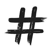Hand drawn brush stroke dirty art hashtag symbol icon sign isolated on white background. Black and white composition of the symbol hashtag #