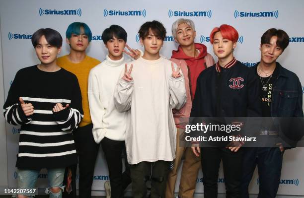 South Korean group BTS visit 'The Morning Mash Up' On SiriusXM Hits 1 Channel at SiriusXM Studios on April 12, 2019 in New York City.