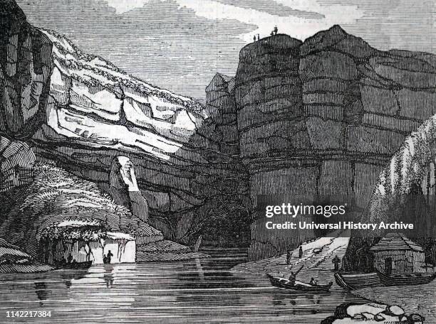 An engraving depicting Smoo Cave on the coast of Sutherland, Scotland. Dated 19th century.