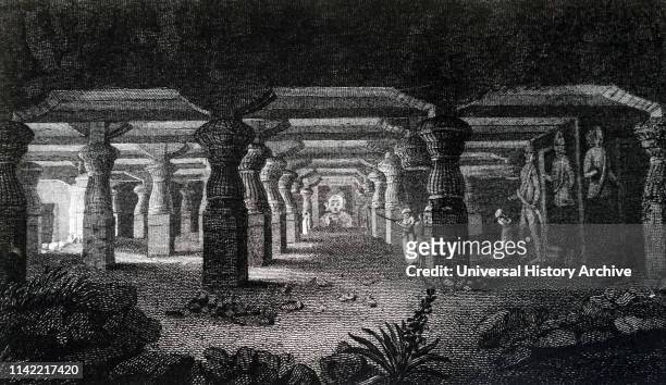 An engraving depicting the Temple of Elephanta near Bombay. Dated 19th century.