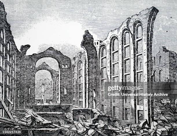 An engraving depicting the ruins of the Opera House, Lisbon destroyed in the earthquake of 1755. Dated 19th century.